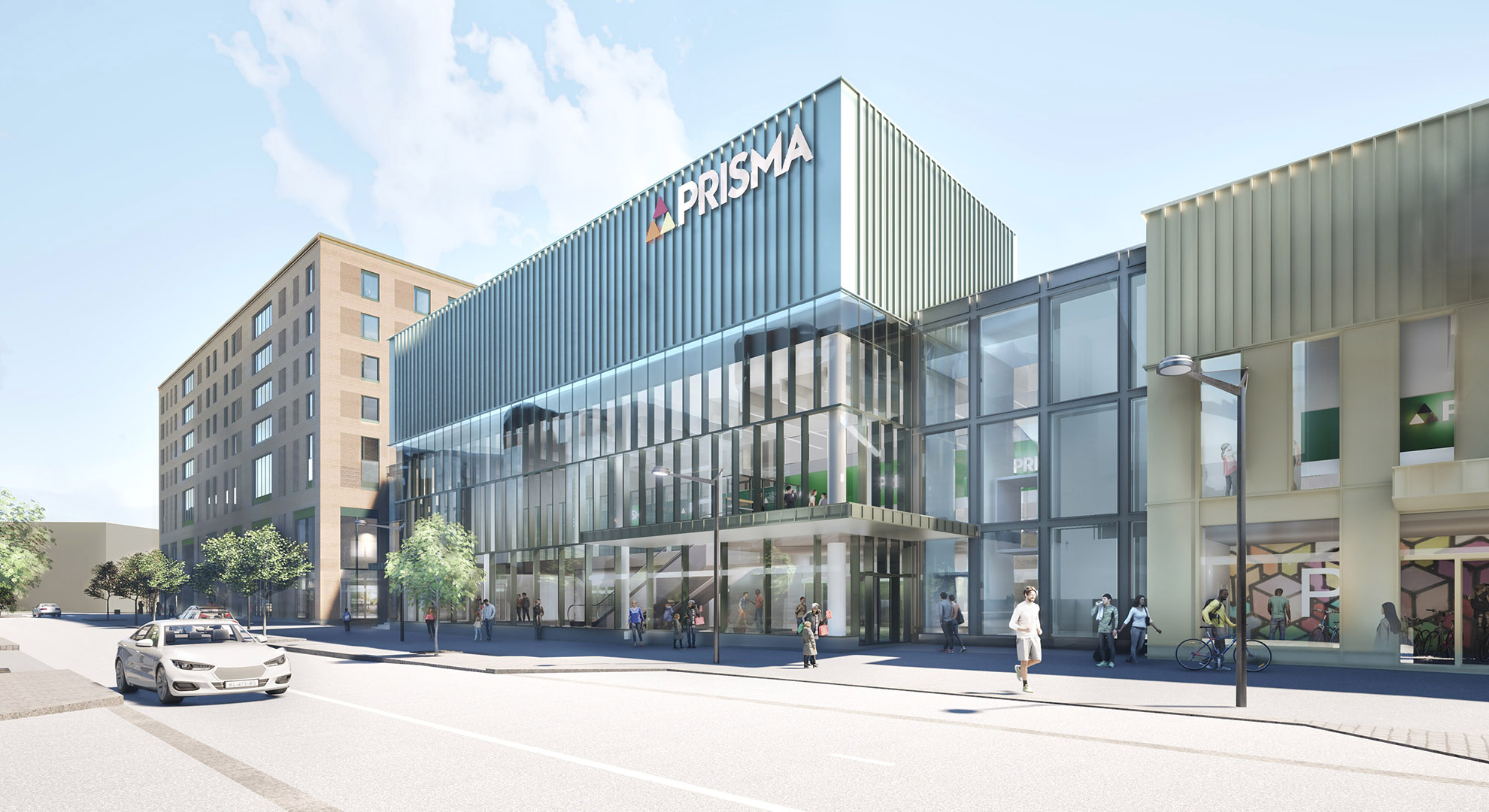 Prismakeskukseen sisältyy kaksi seitsemänkerroksista asuinrakennusta, joihin tulee yhteensä 105 asuntoa. Kuva: L Arkkitehdit Oy