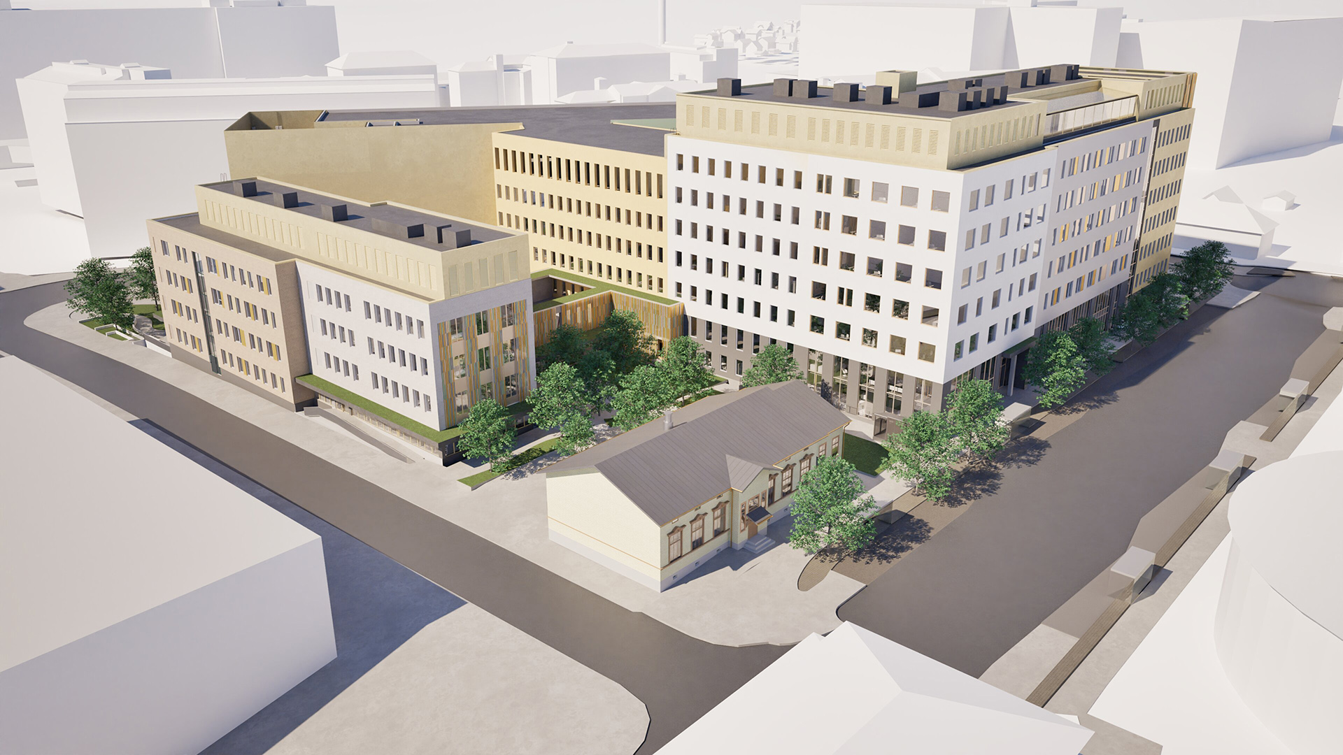 Hanke koostuu kahdesta erillisestä sairaalasiivestä sekä kahdesta liittymästä, jotka yhdistävät uuden rakennusosan Tyks Kompassisairaalan ensimmäisen vaiheen rakennuksiin. Lisäksi olemassa olevien rakennusosien liittymäkohtiin tehdään muutoksia. Kuva: Arkkitehtisuunnittelu Sweco Finland Oy. 
