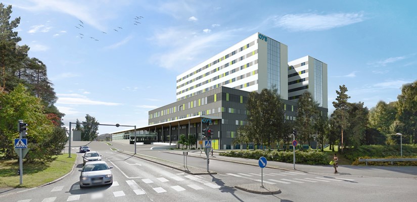 OYSin B-rakennus Kajaanintien risteyksestä katsottuna. Kuva: OYS 2030 OYSin B-rakennus Kajaanintien risteyksestä katsottuna. Kuva: OYS 2030