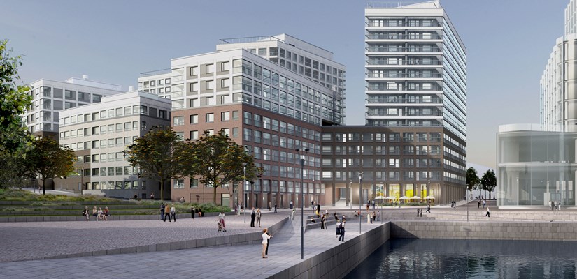 Helsingin Ahdinlaiturin asunnot rakentuvat Jätkäsaaren merellisiin maisemiin. Kuva: Arkkitehtiryhmä A6. Helsingin Ahdinlaiturin asunnot rakentuvat Jätkäsaaren merellisiin maisemiin. Kuva: Arkkitehtiryhmä A6.