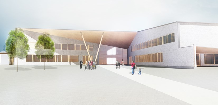 Havainnekuva Launeen monitoimitalosta. Kuva: Arkkitehtitoimisto Perko Oy. Havainnekuva Launeen monitoimitalosta. Kuva: Arkkitehtitoimisto Perko Oy.