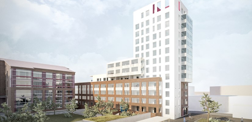 Vantaan Kilterinkuja 4:n korkeammassa, vaaleassa torniosassa on 13 ja matalammassa osassa viisi kerrosta. Kuva: Sweco Arkkitehdit Vantaan Kilterinkuja 4:n korkeammassa, vaaleassa torniosassa on 13 ja matalammassa osassa viisi kerrosta. Kuva: Sweco Arkkitehdit