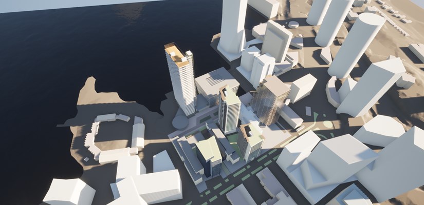 Alustava havainnekuva. Kuvassa etualalla Skanskan ja eQ:n hankkeet. Kuva: L Arkkitehdit Oy Havainnekuva ilmasta katsottuna.