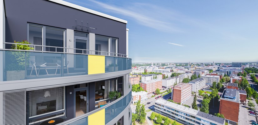 Puistovahdin parvekekaiteiden väritys luo talon julkisivuun välkkyvän tekstuurin. Puistovahdin parvekekaiteiden väritys luo talon julkisivuun välkkyvän tekstuurin.