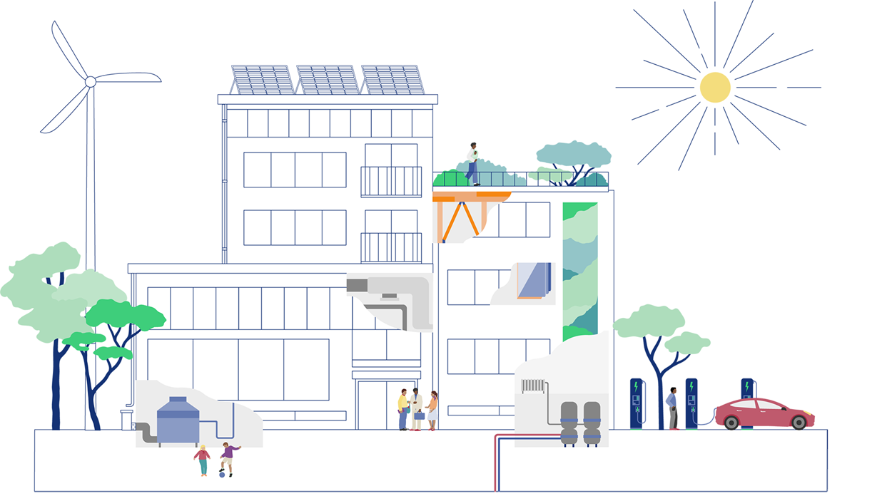 Piirroskuva energiatehokkaasta kerrostalosta, jossa on paljon erilaisia asuntoja sekä asukkaita.