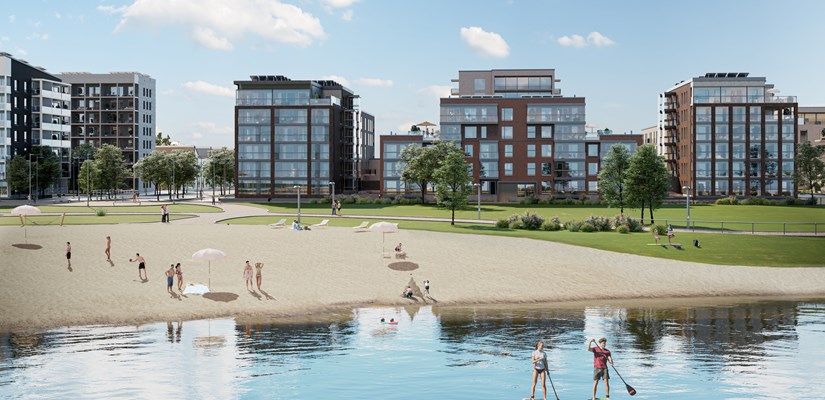 Tampereen Härmälänrannan Ellen rakentuu rantarivistöön. Ellenin yhtiö käsittää kaksi rakennusta, jotka ovat havainnekuvassa oikealla. Tampereen Härmälänrannan Ellen rakentuu rantarivistöön. Ellenin yhtiö käsittää kaksi rakennusta, jotka ovat havainnekuvassa oikealla.