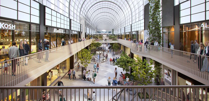 Kauppakeskus Itiksen bulevardin puolella toteutetaan muutostöitä. Kuva: CC Real GmbH  Havainnekuva Itiksen bulevardista. Korkea lasikatto, kaksikerroksinen käytävä.