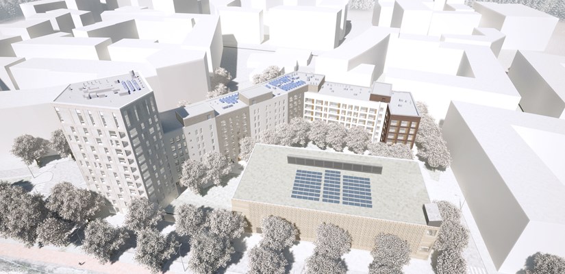 Kortteli valmistuu vuonna 2025. Kuva: Arkkitehdit Kirsi Korhonen ja Mika Penttinen Oy Havainnekuva Postipuiston Hitas- ja asumisoikeusasunnoista.