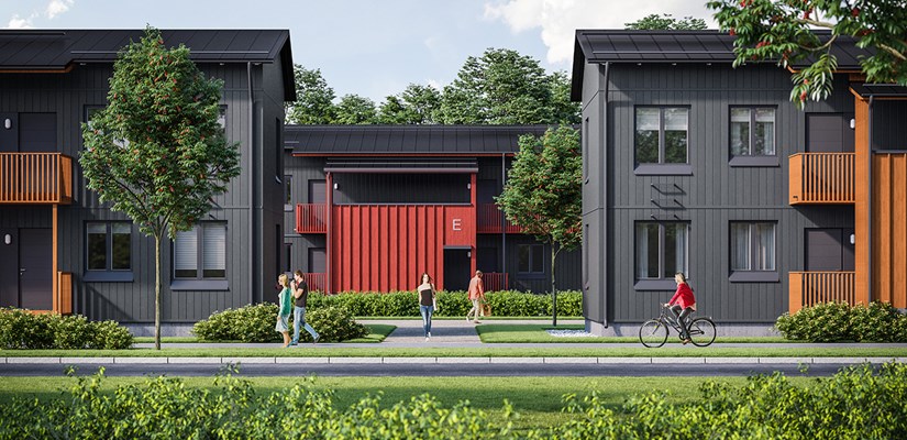 Havainnekuva BoKlokista uuden värikartan Bergen-väriyhdistelmän sävyissä. Havainnekuva BoKlokista uuden värikartan Bergen-väriyhdistelmän sävyissä.