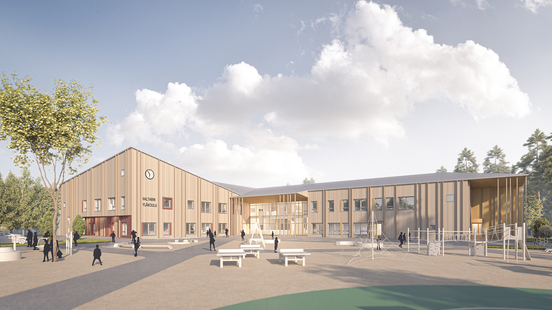 Havainnekuva kaksikerroksisesta koulurakennuksesta, joka tarjoaa muuntojoustavat tilat 450 oppilaalle ja palvelee samalla kuntalaisia monipuolisissa tarpeissa. Kuva: Arkkitehtipalvelu Oy