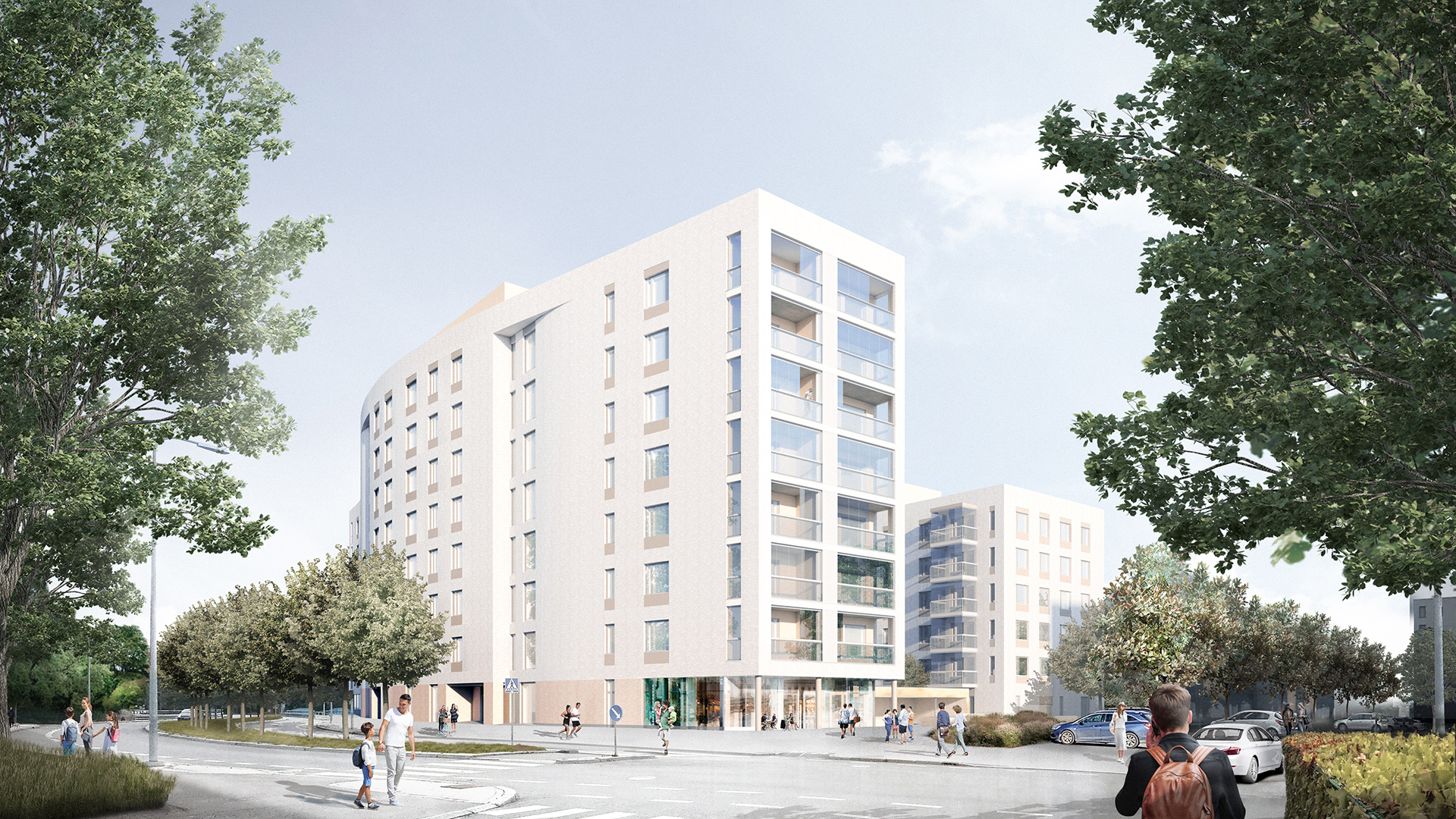 Vuosaarentien varteen sijoittuva korkeampi, kahdeksankerroksinen rakennus erottuu kaarevalla, päätietä mukailevalla muodollaan. Kuva: ONE Architects